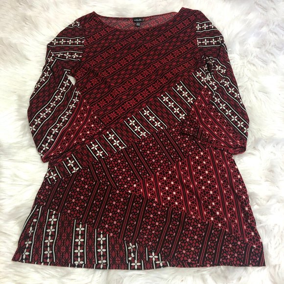 Rafaella Tops - Rafaella Patterned Red Tunic Top with Three Quarter Length Sleeves